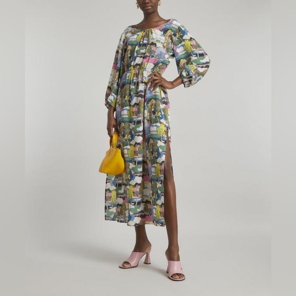 GANT Liberty Printed Boat-Neck 100% Silk Maxi-Dress Slit Colorful Size 8? READ